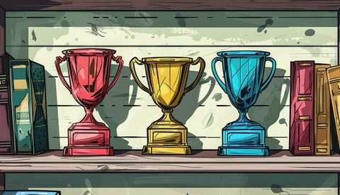 Illustration of three trophy cups in red, gold, and blue displayed on a shelf with books.