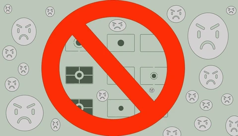 Illustration of a prohibition symbol over camera controls and angry face emoticons.