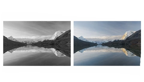Mountain landscape reflected in still alpine lake, shown in black-and-white and color side-by-side comparison.