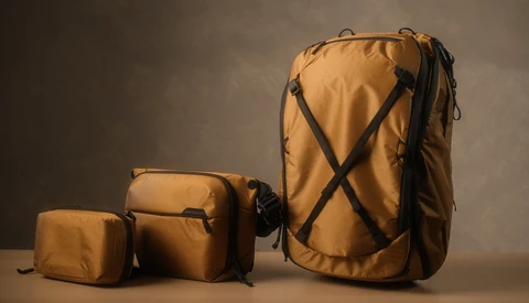 Three tan and black modular camera bags arranged in increasing size against a neutral backdrop.