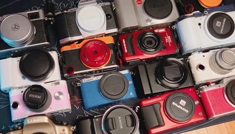 Overhead flat lay of approximately 20 compact and digital cameras in various colors arranged closely together.