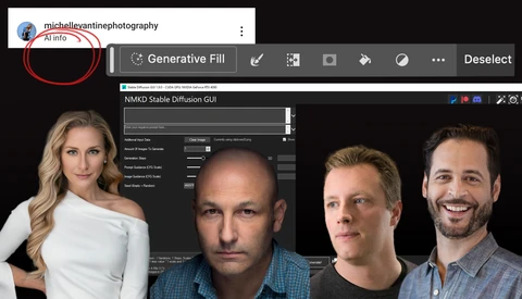 Screenshot of NMKD Stable Diffusion GUI with portrait examples and AI generative fill settings panel.