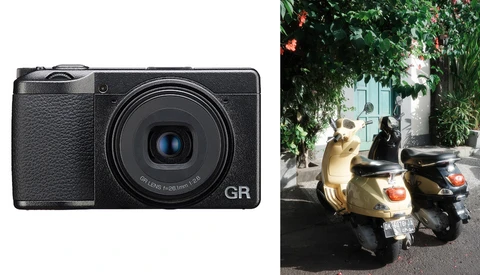 Ricoh GR camera next to a photo of parked scooters on a Mediterranean street.