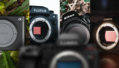 Four camera bodies displayed showing their sensor mounts: Sony Alpha, Fujifilm S, Nikon, and Canon models.
