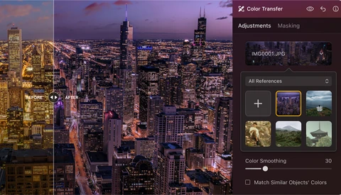 Screenshot of color transfer editing software with Chicago skyline at dusk displayed in the main viewport.