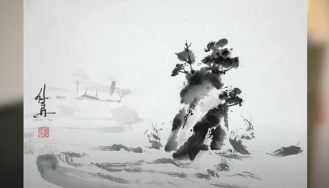 Ink wash painting of a gnarled tree on rocky terrain with distant mountains and architecture in misty background.