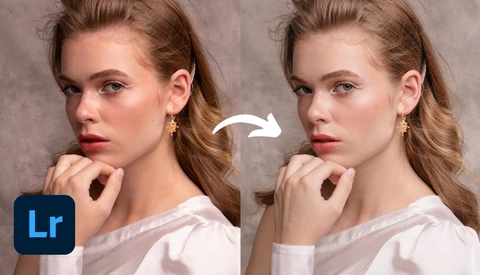 Before and after portrait comparison showing Lightroom color grading adjustments on a woman's headshot.
