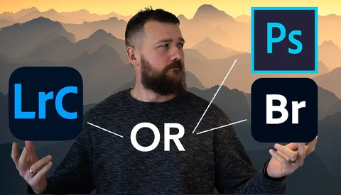 Bearded man gesturing toward three software logos: Lightroom Classic, Photoshop, and Bridge, with 'OR' text in the center.