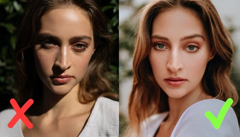 Side-by-side portrait comparison showing before and after editing of a female subject's face.