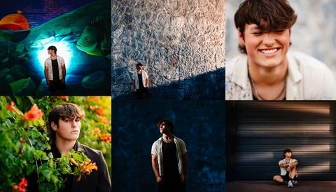 Six portrait photographs of a young man in various outdoor and studio settings with different lighting and backgrounds.