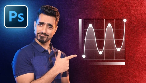 Man pointing at a curves adjustment graph displayed on screen alongside Photoshop logo.