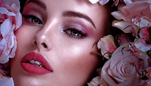 Woman's face surrounded by pink and mauve roses, with soft directional lighting and polished makeup.