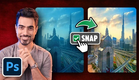 Screenshot showing Photoshop interface with cityscape image editing and Snap tool demonstration.
