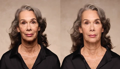 Side-by-side portrait comparison showing subtle differences in facial lighting and skin texture on a neutral beige background.