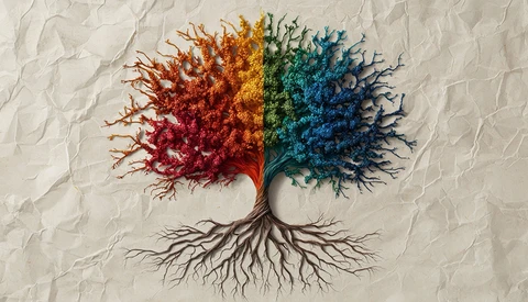 Illustration of a stylized tree split vertically into warm and cool color halves with diverging branches.