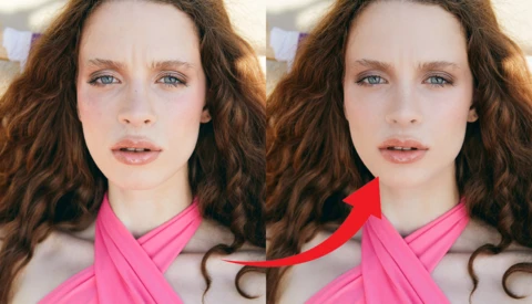 Side-by-side comparison of portrait retouching techniques on a woman with wavy brown hair.
