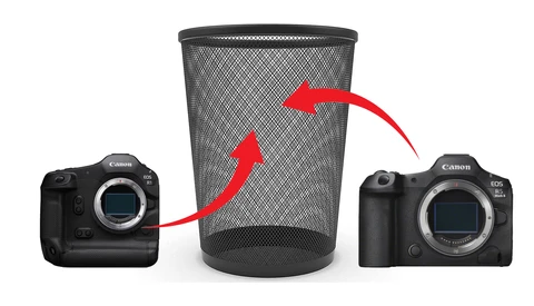 Illustration showing two Canon cameras with arrows pointing to a trash bin, symbolizing camera depreciation or obsolescence.