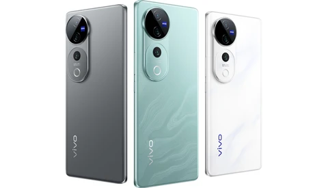 Three Vivo smartphones displayed side by side showing rear camera systems and different color finishes.