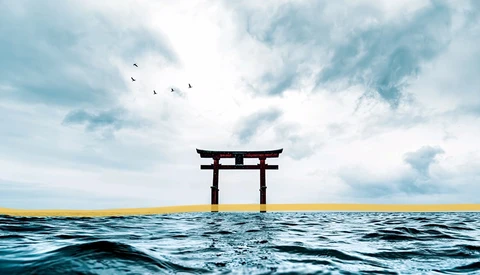 Japanese torii gate silhouetted against sky, standing alone in ocean water with birds flying overhead.