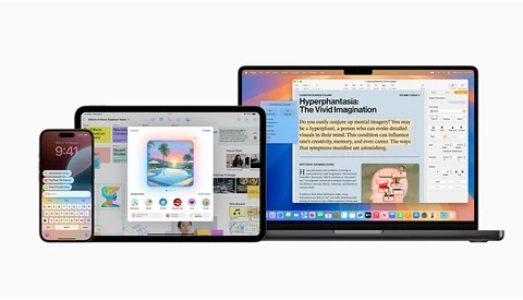 Screenshot showing Apple devices displaying design and publishing applications.