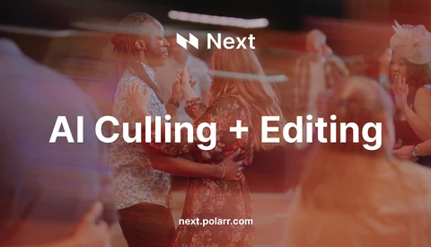 Screenshot of Next.Polarr.com website featuring AI Culling + Editing feature with blurred party scene background.