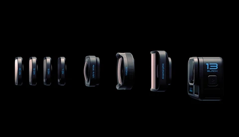 Product lineup of seven camera accessories displayed in profile view against a black background.