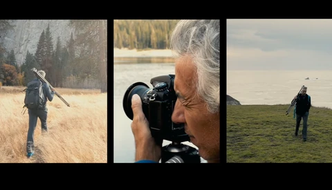 Photographer with gray hair holding a camera to their face, flanked by two outdoor scenes of people walking in natural landscapes.