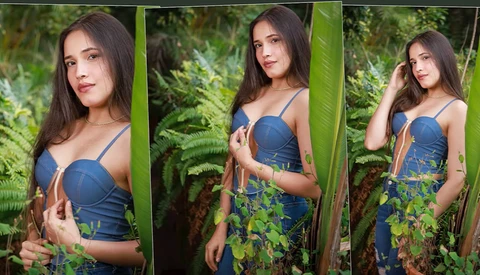 Portrait series of a woman with long dark hair posed among green foliage and large tropical leaves.