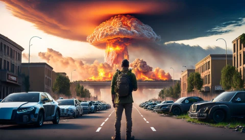 Illustration of a figure standing on an empty street facing a massive nuclear explosion mushroom cloud in the distance.