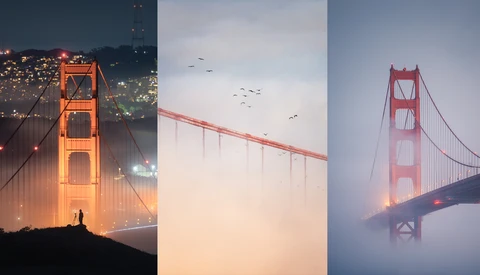 Golden Gate Bridge illuminated at night with city lights in background, foggy conditions, suspension bridge towers glowing orange.