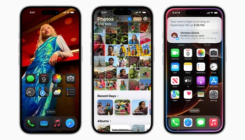 Screenshot showing three iPhone home screens displaying photos app, lock screen, and home screen layouts.