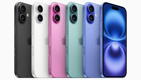 Six smartphones arranged in a row displaying different color options with dual rear cameras and notched displays.