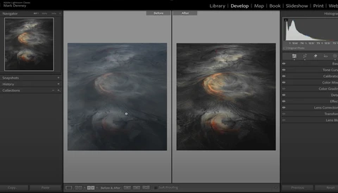 Screenshot of Lightroom develop module showing before and after edits of a dramatic storm cloud photograph.