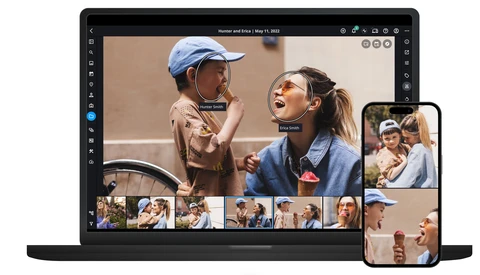 Screenshot of photo editing software displaying a portrait of two people with a film strip of thumbnail images below.