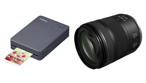 Canon portable photo printer and RF-mount telephoto zoom lens displayed side by side.