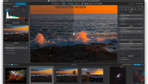 Screenshot of photo editing software displaying a coastal sunset image with waves and rocky shoreline in warm orange tones.