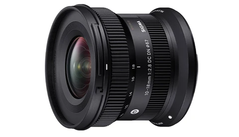 Sigma 10-18mm f/2.8 DC DN Contemporary wide-angle lens with focus ring and depth-of-field scale visible.