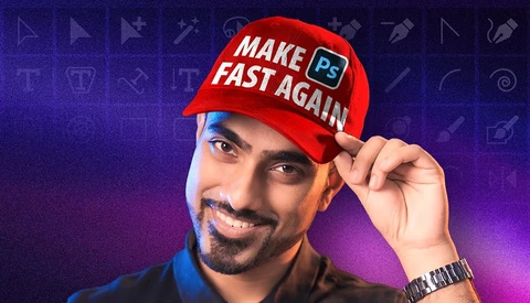 Man wearing red cap with Photoshop logo adjusting hat brim against purple gradient background.