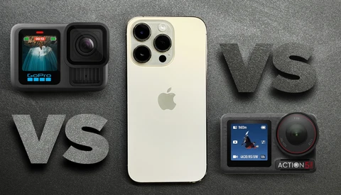 Comparison graphic showing iPhone 14 Pro centered between GoPro Hero 11 and DJI Osmo Action 5 Pro cameras.