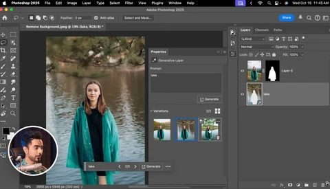 Screenshot of Photoshop 2025 showing portrait editing with generative fill variations panel open.