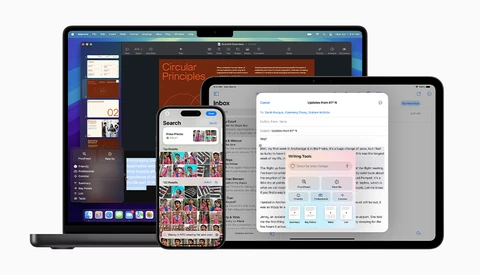 Screenshot showing multiple Apple devices displaying design and productivity applications.