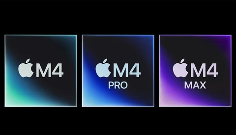 Graphic showing three Apple M4 chip variants: M4, M4 Pro, and M4 Max with gradient backgrounds.