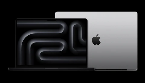 Product rendering of a MacBook Pro laptop displayed at an angle against a black background.