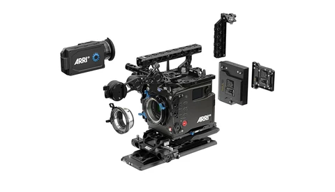 ARRI cinema camera with modular accessories and support equipment displayed.