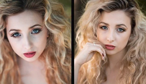 Side-by-side portrait comparison showing subtle differences in pose, expression, and lighting on a blonde woman.