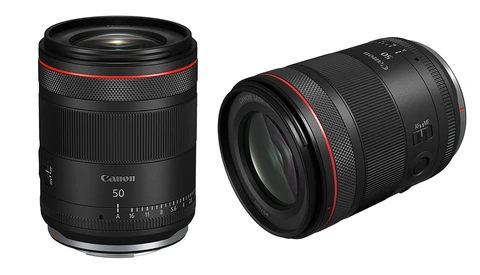 Two Canon RF-mount prime lenses with black barrels and red accent rings displayed against a white background.