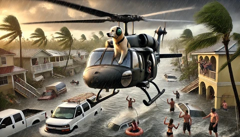 Illustration of a helicopter rescue operation during a hurricane, with people in floodwaters and destroyed homes.