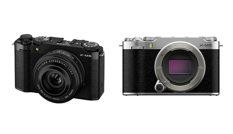 Two mirrorless cameras displayed side by side, one with attached lens on the left, one showing sensor and mount on the right.