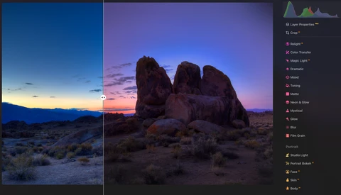 Desert landscape at dusk with three large rock formations under purple and blue sky, shown in before and after editing comparison.