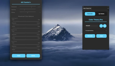 Screenshot of AIC Control and Color Theory Pro editing panels overlaid on a snowy mountain landscape.